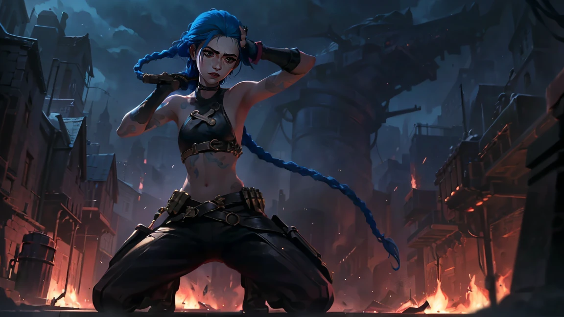 (masterpiece, Best quality), 1 girl, portrait very detailed face,, very sexy, full length (full body 1.1.), crazy look, smile, crying, pink tears, tears on the cheeks, tears from eyes, очень feminine, fighting stance, battle, fire, explosions, burning city, beautiful waist, gloomy composition, flame, fire, Flash, very beautiful, feminine, long hair, hair braided in long braids, very sexy, tight leather pants, emphasis on the eyes, emphasis on the face, Beautiful face, hands, Косаed ponytail, red purple eyes, Джинкс crying, Blue cloud tattoo, (masterpiece, Best quality), Side lighting, beautiful detailed eyes, crazy face), (Best quality), (masterpiece), magic photography, Spectacular lighting, photorealism, ultra detailed, intimate portrait composition, 1. 4,8 K UHD, aesthetic, Cd., a high resolution, 8 K, Better lighting, Best shade, Ultra-HD, a high resolution, Sharp Focus, complex background, cinematic lighting, ((Landscape view)), 4K block, (Better lighting), ((cinematic lighting)),