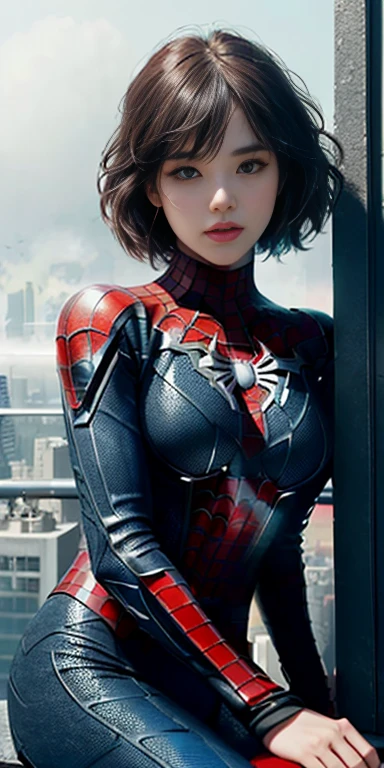 (1girl:1.3), Solo, (((Very detailed face)))), ((Very detailed eyes and face)))), Beautiful detail eyes, Body parts__, Official art, Unified 8k wallpaper, Super detailed, beautiful and beautiful, beautiful, masterpiece, best quality, original, masterpiece, super fine photo, best quality, super high resolution, realistic realism, sunlight, full body portrait, amazing beauty, dynamic pose, delicate face, vibrant eyes, (from the front), She wears Spider-Man suit, red and black color scheme, spider, very detailed city roof background, rooftop, overlooking the city, detailed face, detailed complex busy background, messy, gorgeous, milky white, highly detailed skin, realistic skin details, visible pores, clear focus, volumetric fog, 8k uhd, DSLR, high quality, film grain, fair skin, photo realism, lomography, futuristic dystopian megalopolis, translucent