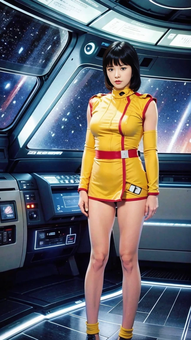(8k、RAW Photos、Highest quality、masterpiece:1.2、Perfect Anatomy)、(Realistic、Realistic、Full body photo)、1 female、(((Large Breasts、A slightly sullen look)))、short hair、(((A woman in her twenties wearing a Fa Yuiri costume)))、Being inside a spaceship