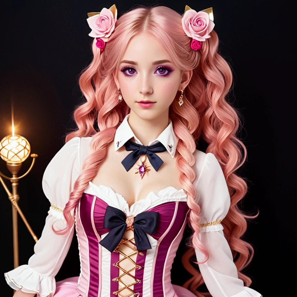 girl with (((deep magenta eyes and long, wavy pink hair))) ((styled in an elegant French braid)). (((She is slender, and , with small breasts))). Wearing a (((pink, gold, and rose gold color magical girl-themed outfit.))) The overall look is regal and ethereal, with magical glowing effects. cutesexy, , a hyperrealistic , hyperrealistic , realistic , seductive, smooth, beautiful alluring teen, ((magical girl)), (masterpiece), best quality, expressive eyes, perfect face ((Highest quality))、((8K))、(((8k wallpaper)))、ultra detailed, masterpiece, best quality, solo