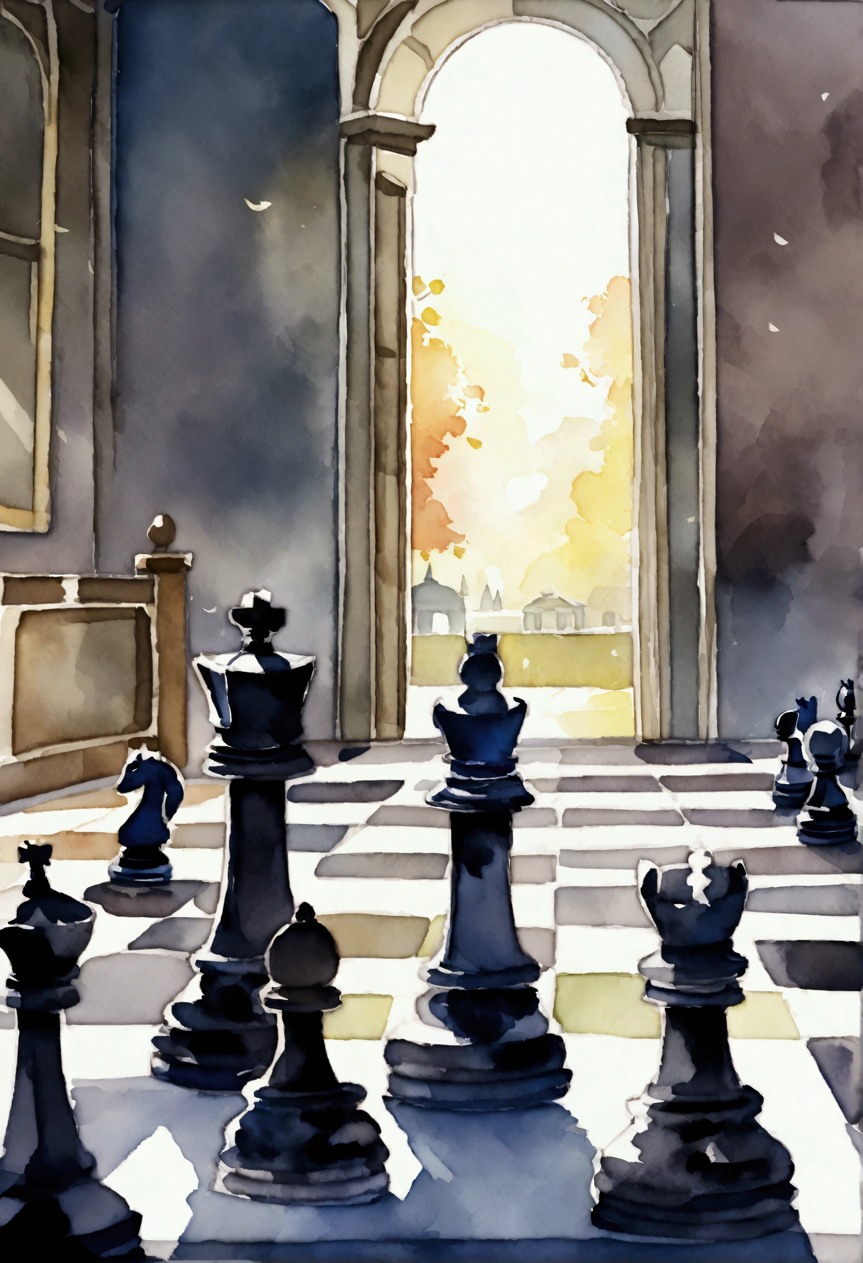 chess game in the palace park, watercolor, chess knight