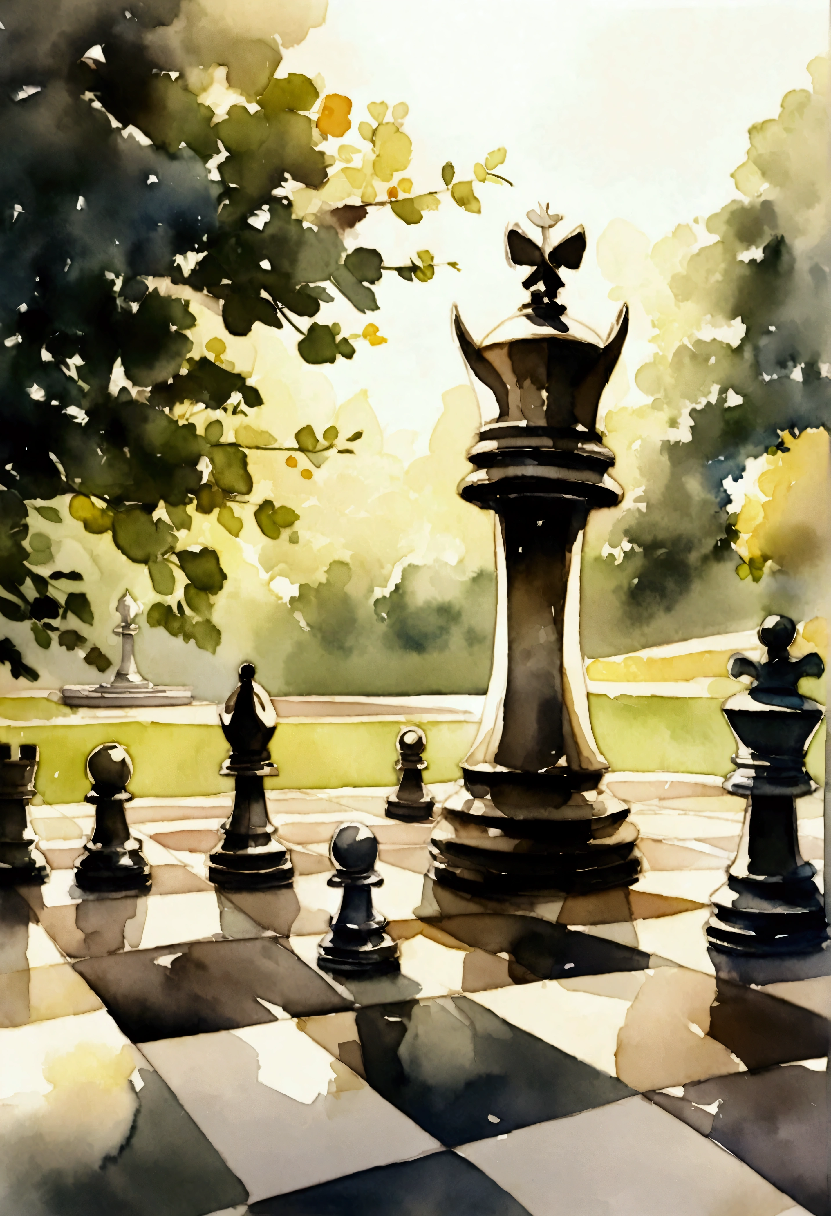 chess game in the palace park, watercolor, chess knight