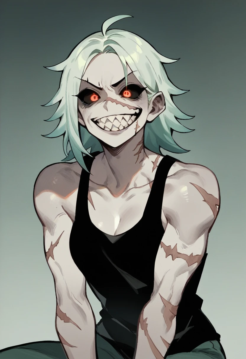 Anime zombie undead girl, slitched face, scars an face, black sclera, shark teeth, glowing eyes, smug face, vile, pale green-ish decayed skin, black tank top, eletric colar, street smart