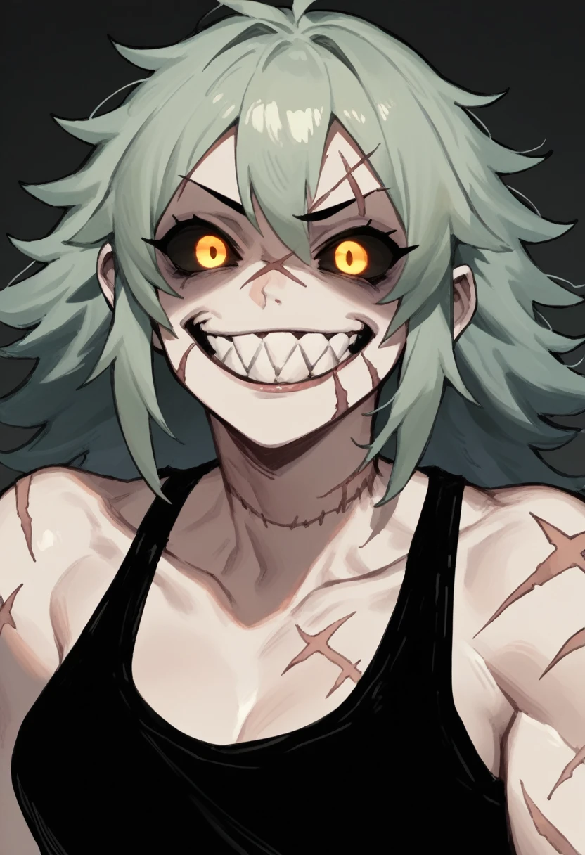 Anime zombie undead girl, slitched face, scars an face, black sclera, shark teeth, glowing eyes, smug face, vile, pale green-ish decayed skin, black tank top, eletric colar, agressive and lunatic