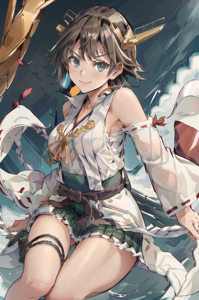 Highest quality, masterpiece, High resolution, alone, (Hiei Kai-2_Fleet Collection:1.15), オレンジ色hair, hairband, headgear, Non-traditional_Shrine maiden, smile, green_eye, Inverted up_hair, smile, One Girl, dependent_sleeve, green_skirt, Plaid, Plaid_skirt, ribbon-trimmed_sleeve, ribbon_trim, skirt, Office Background, Open your thighs wide to the left and right、Squats on the ground