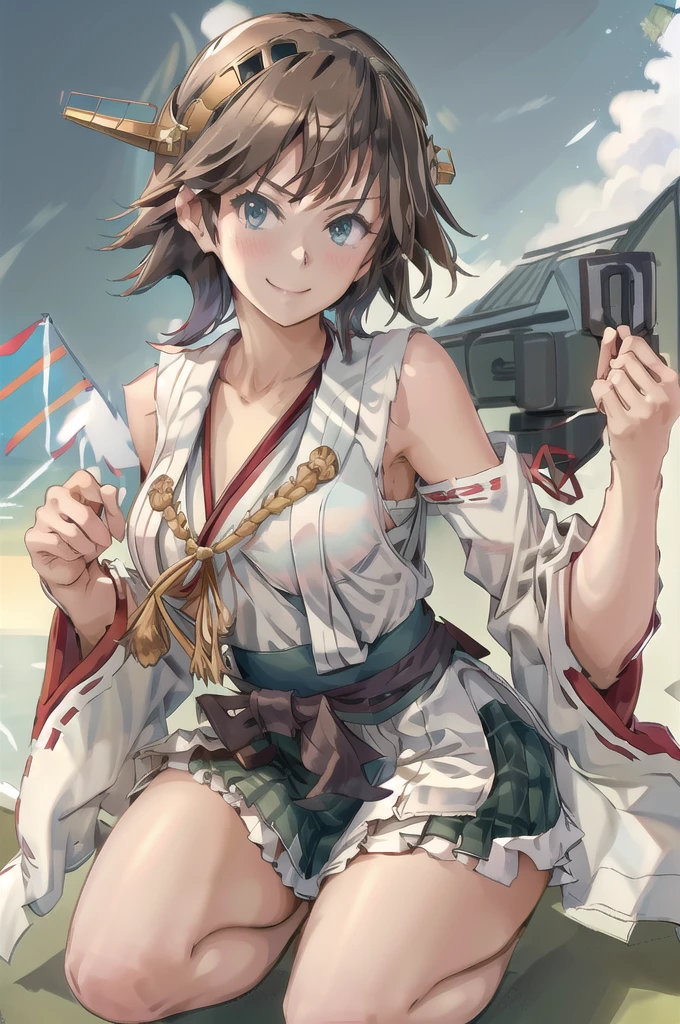 highest quality, masterpiece, High resolution, alone, {Hiei_Kantai Collection:1.15}, オレンジ色hair, hairband, headgear, Non-traditional_Miko, smile, green_eye, Inverted up_hair, smile, (One Girl), Dependent_sleeve, green_skirt, Plaid, Plaid_skirt, ribbon-trimmed_sleeve, ribbon_trim, skirt, Office Background,   (panties). skirtリフト
