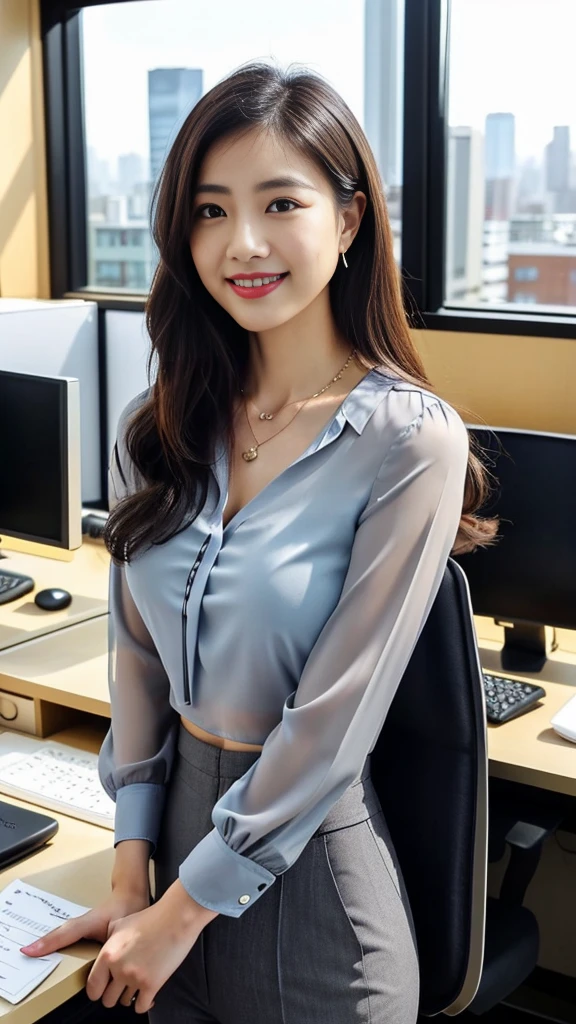 (Highest quality、High resolution、High definition、high resolution、masterpiece、8k:1.2)、Photorealistic、Very realistic、One Woman、solo、24 year old Japanese、Very beautiful woman、Office Lady、In the office立っている女性、(Cowboy Shot、Clear photos:1.2)、((Light blue blouse、Grey cropped pants、pumps、watch、necklace、Office Fashion:1.25))、Beautiful feet、Narrow waist、Detailed face、Detailed eyes、Glossy lips、Light makeup、Dark brown eyes、Thin eyebrows、A ruddy complexion、Perfect proportionedium breast、Average bust size、Slim figure、(Good smile、Direct your gaze this way、Gaze Here:1.3)、Dark brown medium hair、Straight Hair、Bright lighting、In the office、An office with many desks、The PC and monitor are placed on the desk、I can see the skyline of high-rise buildings from my window.、Angle from the front、RAW Photos、Professionally taken photos、Shooting with a mirrorless camera、SIGMA Lenses、nice smile、Portrait、Anatomically correct、Well-groomed