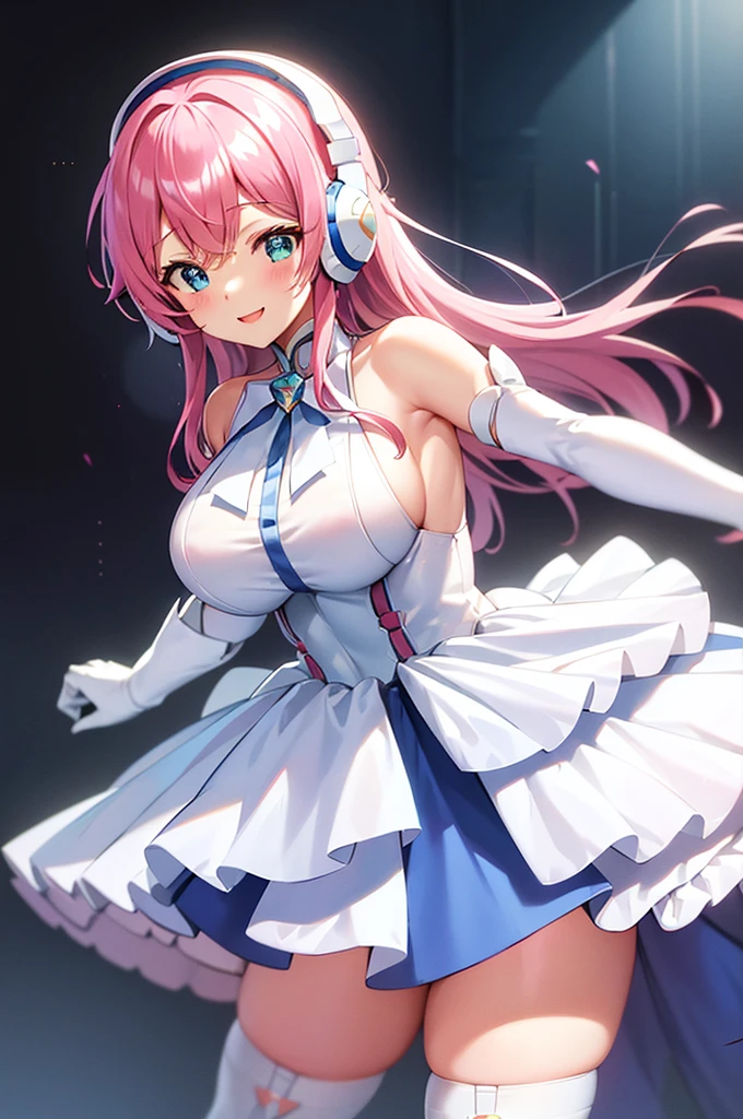 mecha wings、White and blue skirt、Accentuated thighs、White tights、chest、Beautiful pink hair、1 girl、solo girl、Thick thighs、IS、Frame Arms Girl、Alice Gere Aegis、White Armor、income、headphone、hand on own chest、smile