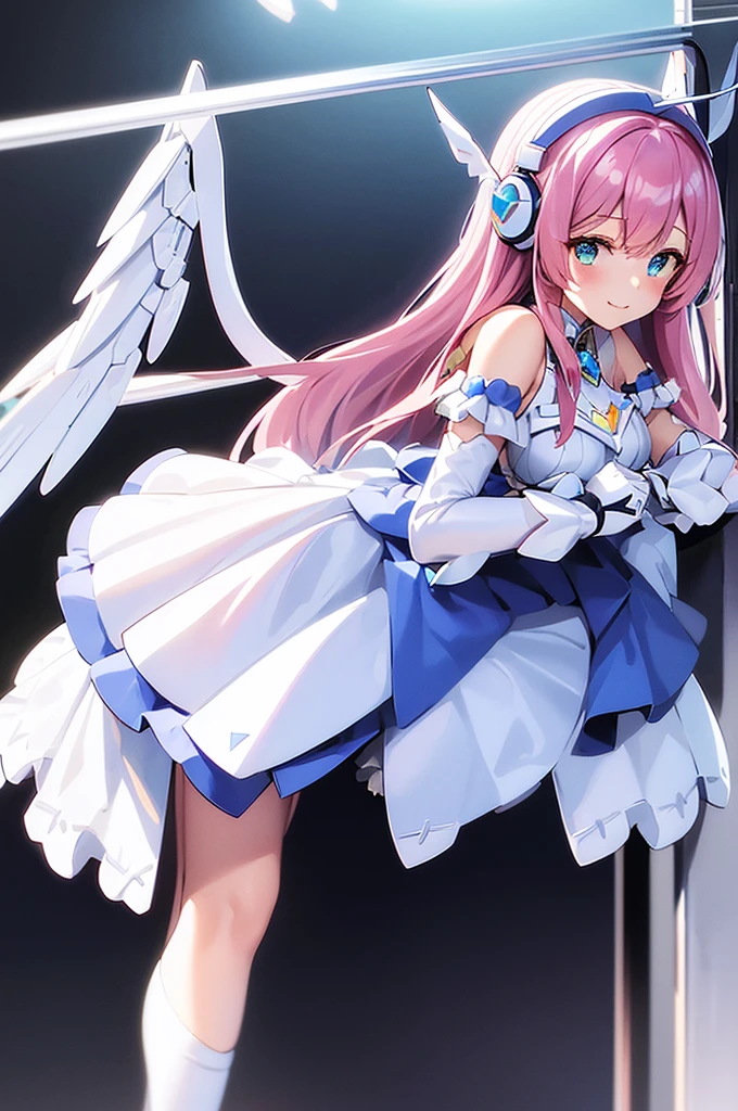 mecha wings、White and blue skirt、Accentuated thighs、White tights、chest、Beautiful pink hair、1 girl、solo girl、Thick thighs、IS、Frame Arms Girl、Alice Gere Aegis、White Armor、income、headphone、hand on own chest、smile