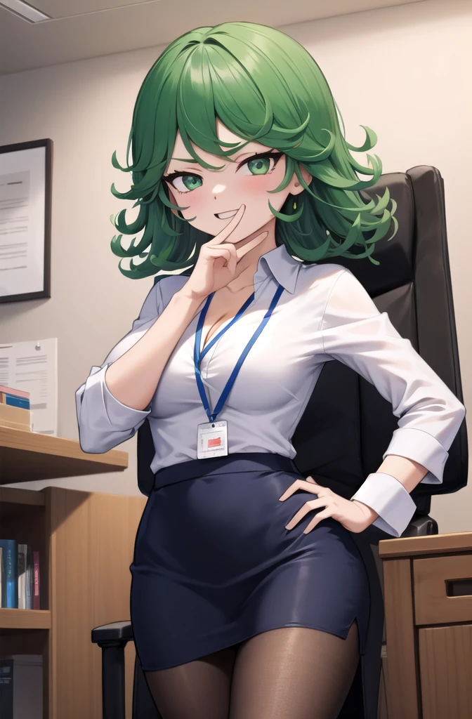 (masterpiece, best quality, detailed), 1girl, solo, looking at viewer, TatsuDef, green eyes, curly hair, green hair, bangs, blush, flipped hair, very long hair, medium breasts, thighs,
office lady, collared shirt, cleavage, lanyard, wristwatch, sleeves rolled up, pencil skirt, brown pantyhose, indoors, office, desk, office chair, ojou-sama pose, laughing, hand on hip, naughty face, smug