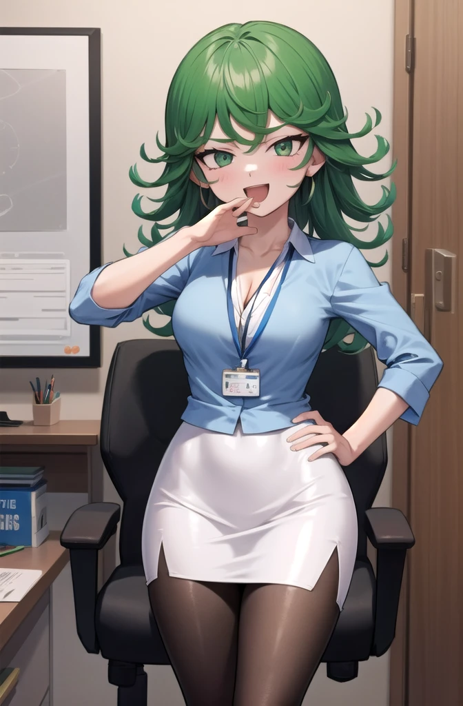 (masterpiece, best quality, detailed), 1girl, solo, looking at viewer, TatsuDef, green eyes, curly hair, green hair, bangs, blush, flipped hair, very long hair, medium breasts, thighs,
office lady, collared shirt, cleavage, lanyard, wristwatch, sleeves rolled up, pencil skirt, brown pantyhose, indoors, office, desk, office chair, ojou-sama pose, laughing, hand on hip, naughty face, smug