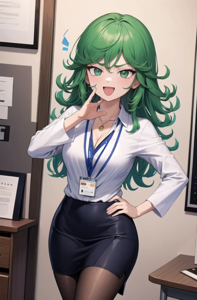 (masterpiece, best quality, detailed), 1girl, solo, looking at viewer, TatsuDef, green eyes, curly hair, green hair, bangs, blush, flipped hair, very long hair, medium breasts, thighs,
office lady, collared shirt, cleavage, lanyard, wristwatch, sleeves rolled up, pencil skirt, brown pantyhose, indoors, office, desk, office chair, ojou-sama pose, laughing, hand on hip, naughty face, smug