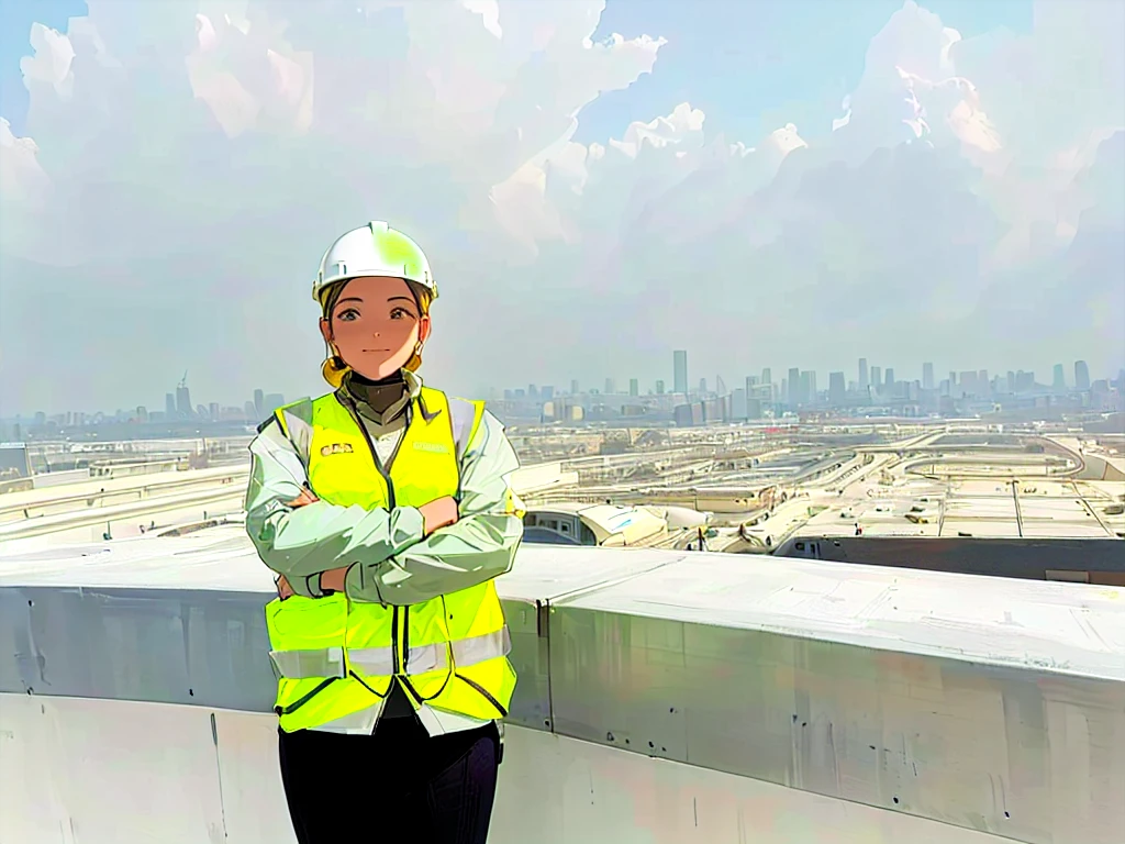 arafed woman in safety vest standing on top of a building, in future airport rooftop, photo taken in 2 0 2 0, civil engineer, photo portrait, 2 0 2 2 photo, mohamed chahin, with earth in the background, on top of it, photo from 2022, standing on a skyscraper rooftop, view from the top