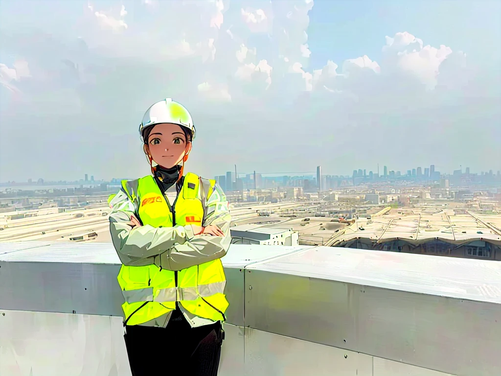 arafed woman in safety vest standing on top of a building, in future airport rooftop, photo taken in 2 0 2 0, civil engineer, photo portrait, 2 0 2 2 photo, mohamed chahin, with earth in the background, on top of it, photo from 2022, standing on a skyscraper rooftop, view from the top