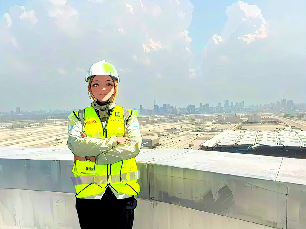 arafed woman in safety vest standing on top of a building, in future airport rooftop, photo taken in 2 0 2 0, civil engineer, photo portrait, 2 0 2 2 photo, mohamed chahin, with earth in the background, on top of it, photo from 2022, standing on a skyscraper rooftop, view from the top