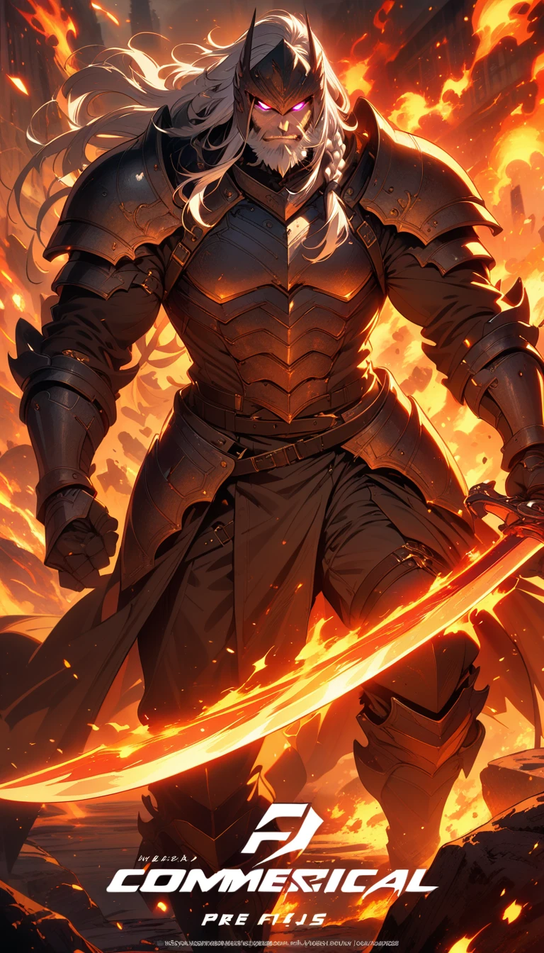 ((best quality)) , ((masterpiece)) , (detailed),weapon, armor, holding, long hair, facial hair, glowing eyes, 1boy, male focus, holding weapon, glowing, sword, outdoors, helmet, braid, teeth, fire, shoulder armor, pants, grey hair, beard, bangs, holding sword, muscular male, white hair,(((Advertising poster style , Drawing . Professional, modern, product-focused, commercial, eye-catching, highly detailed)))