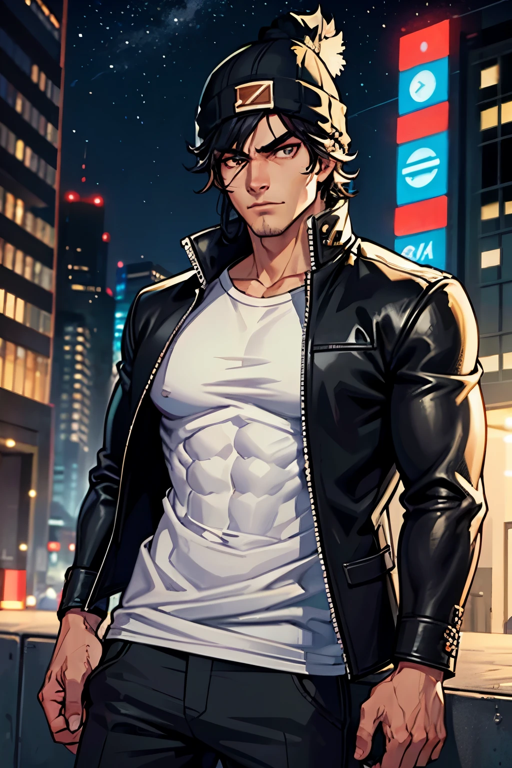 Black haired man, muscular, toned arms, black jacket, jacket, glare, night time, city, beanie, white beanie, white shirt, t-shirt