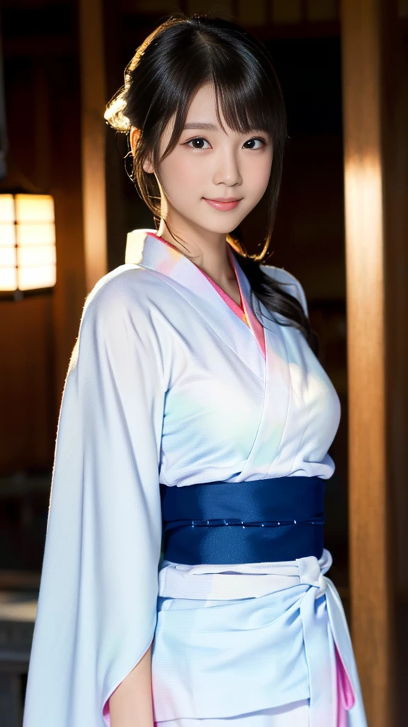 masterpiece, Highest quality,16K, Ultra-high resolution,The light and shadow of reality,Cinema Lenses,((Very skinny)),((Her waist is so slim and beautiful)),((High nose、Small Mouth)),((Clean and slim face line)),((Big dark eyes with long eyelashes)),((Very small face))((Very slim and beautiful arms)),,((She is very slim and has a great figure)),((Pure white beautiful skin)),((Cute Japanese Girls)),(((Colorful kimono、yukata)))、Kyoto))、(Sexy pose),(Beautiful Eyes:1.1),Reflecting clear eyes and a gentle smile,