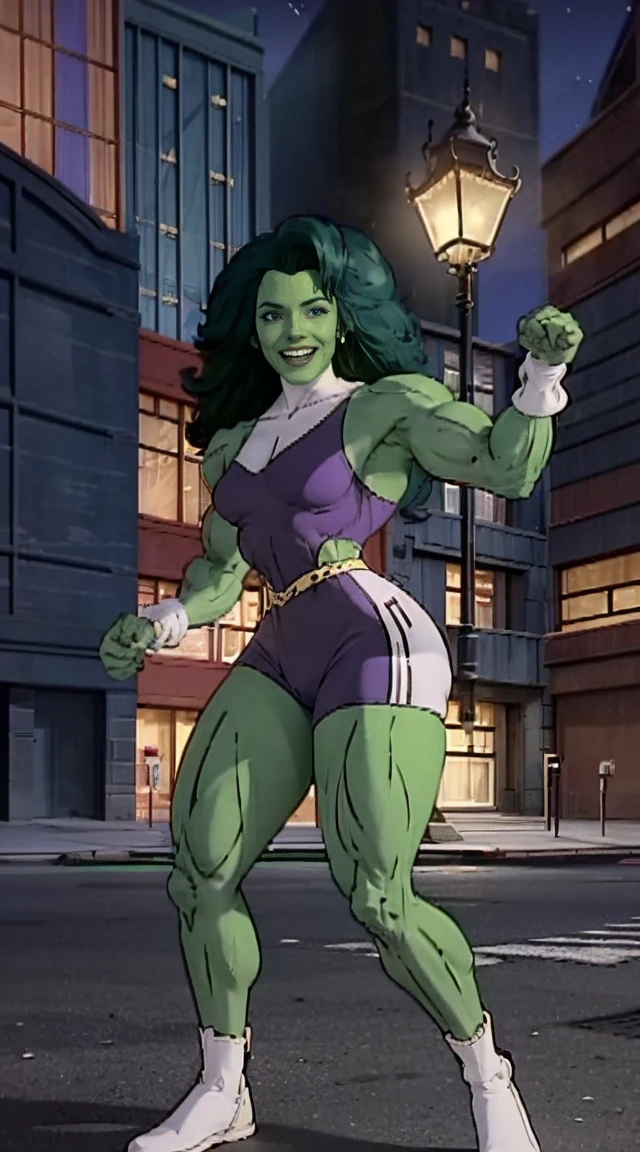 A very big, buff, giant, female bodybuilder, she hulk, green skin, with huge arms and huge legs, big boobs, flexing her enormous, giant muscles, posing naked, running through the city, photorealistic