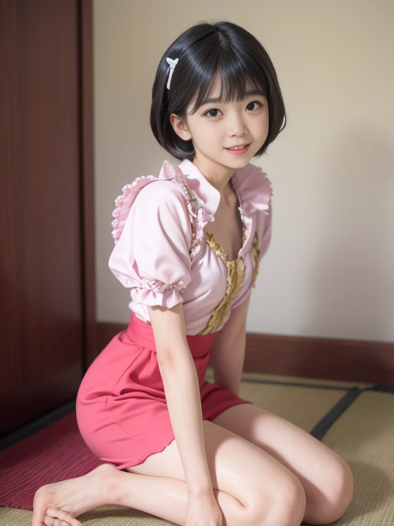 best quality, masterpiece, photo of over the knees, yokohiza, kneeling, A Japanese pretty girl, eye contact, smile, small breast, flat chest, pretty idol costume, frilly gold satin costume, short cut hair, side wiew,