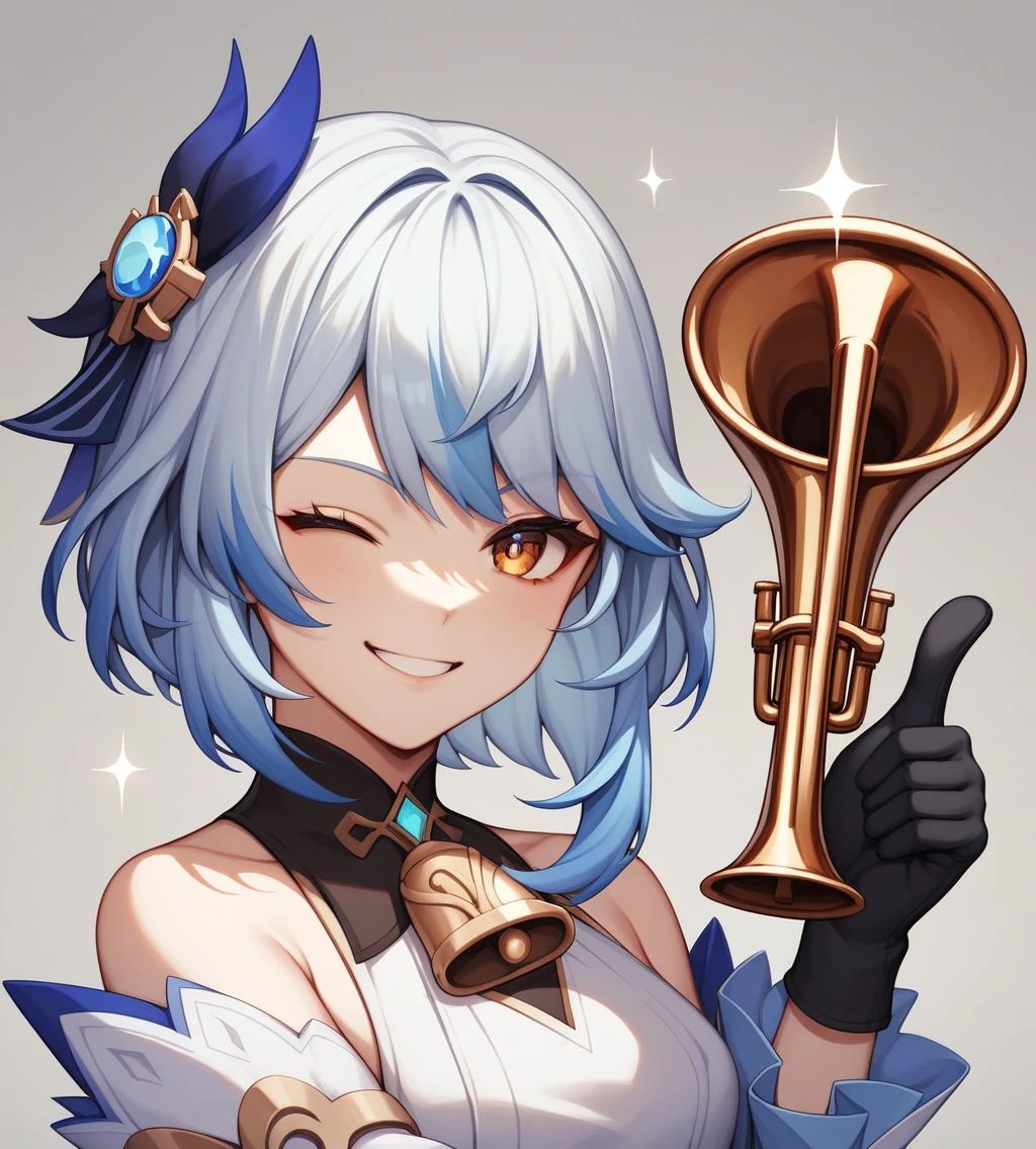 1 Girl,{employment \(Genshin Impact\)},Solitary,Smile, trumpet,{Blue Hair},bell,only_Shoulder,Black_Gloves,point to at viewer, Close one eye, Looking at the audience, Solitary, White hair, Shut up, Bangs, background, point to, Finger guns,portrait,thumbs up,Medium quality,masterpiece,