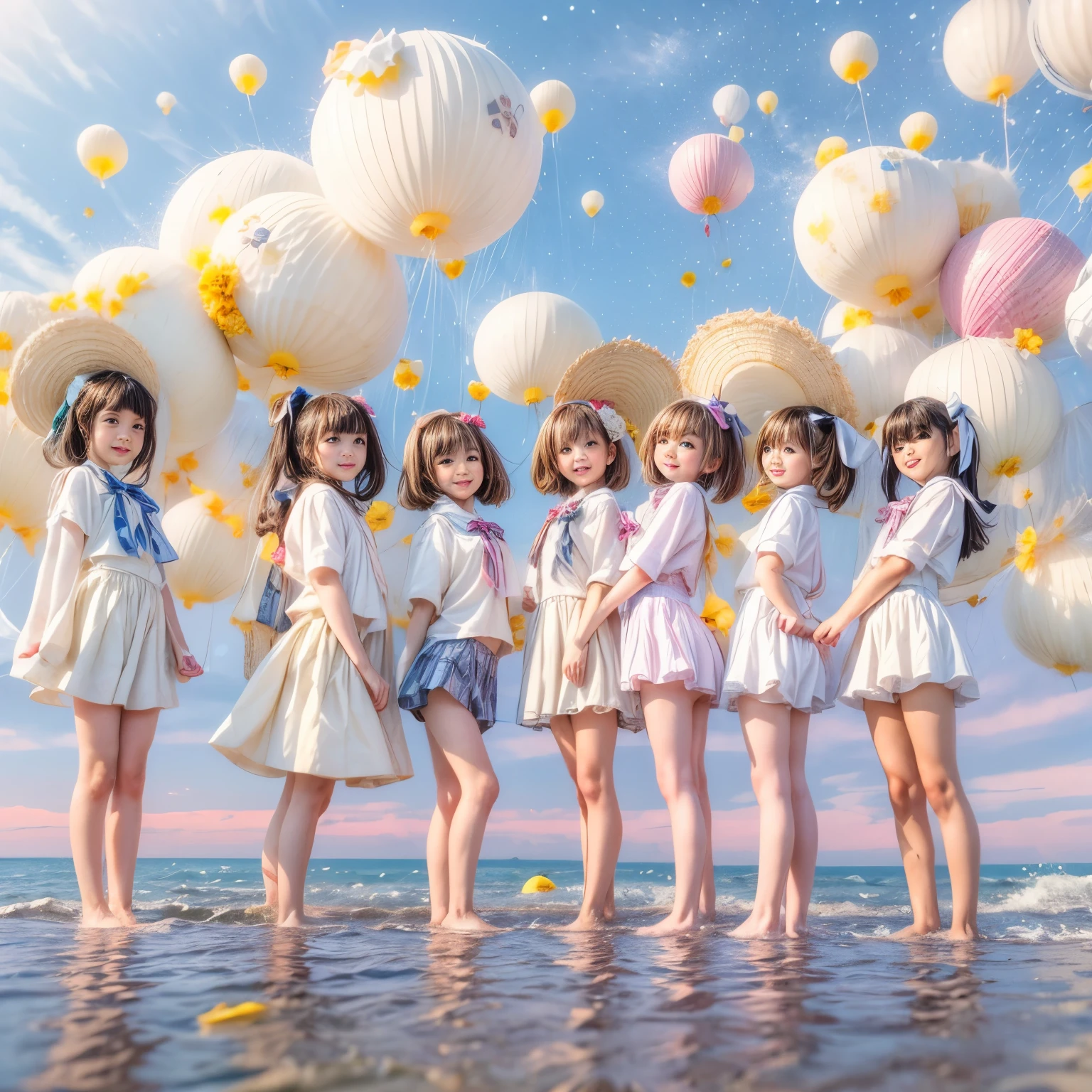  Masterpiece of (ProfessionalPhoto:1.37) ((ExtremelyDetailed (12 PICHIPICHI KAWAII Girls Floating in The Air in a row:1.37) in WHITE at Dusk Enoshima Beach)), {(Standing Full Body:1.2)|(from below:1.2)|Detailed KAWAII face}, Different types of hair colors, {(skinny(school swimwear))|(SchoolUniform)with Tiny AthleticShorts}, {(Corrected Childish hand)|Hidden hand|Different types of breasts|(Clearly Visible the shape of Butt)}, Joyful Expressions LifeLike Rendering, Detailed clothing texture, PerfectLighting, (Dazzling Horizon Visible through ThighGap), (Starry IridescentParticles:1.22) ColorfulClouds . Whole Body proportions and all limbs are anatomically accurate