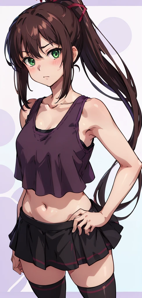 masterpiece, best quality,1girl,solo,kirasaka sayaka,brown hair,long hair,ponytail, hair ribbon, green eyes,,purple thighhighs, wariza, (cropped tank top,  short skirt). 