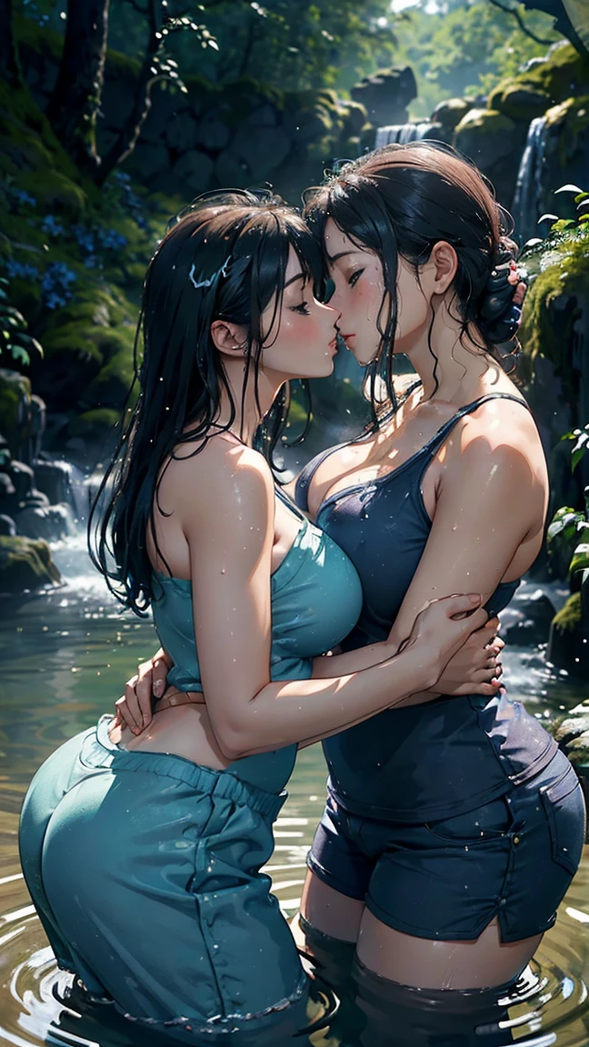 ((2 women)) Best quality, masterpiece, super high resolution, a super model soaking in a hot spring in Japan, outdoor hot spring, stone hot spring, surrounded by moss and trees, super beautiful face, pure body, clear pores visible, (smile:0.8), wearing (), (realism:1.5), original photo, soaked body, covered in sweat, bare shoulders, in the dark, deep shadows, low-key, cold light,  blue pyjamas shorts netted, standing, hand on waist, hand behind head , light smile ((2 women, kissing, eachother touching eachother))