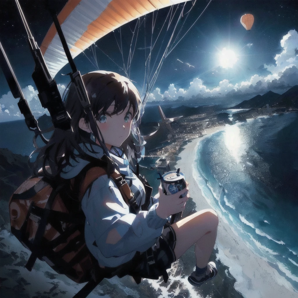 Anime girl flying over the sea on a paraglider with a backpack and a drink, 4KAnime Wallpaper, Anime Wallpaper 4k, Anime Wallpaper4k, ( ( Makoto Shinkai ) ), hd Anime Wallpaper, Anime Wallpaper, Makoto Shinkai!, Makoto Shinkai!!, Official artwork, makoto shinkai cyril rolando, 4K Manga Wallpapers, Anime Background