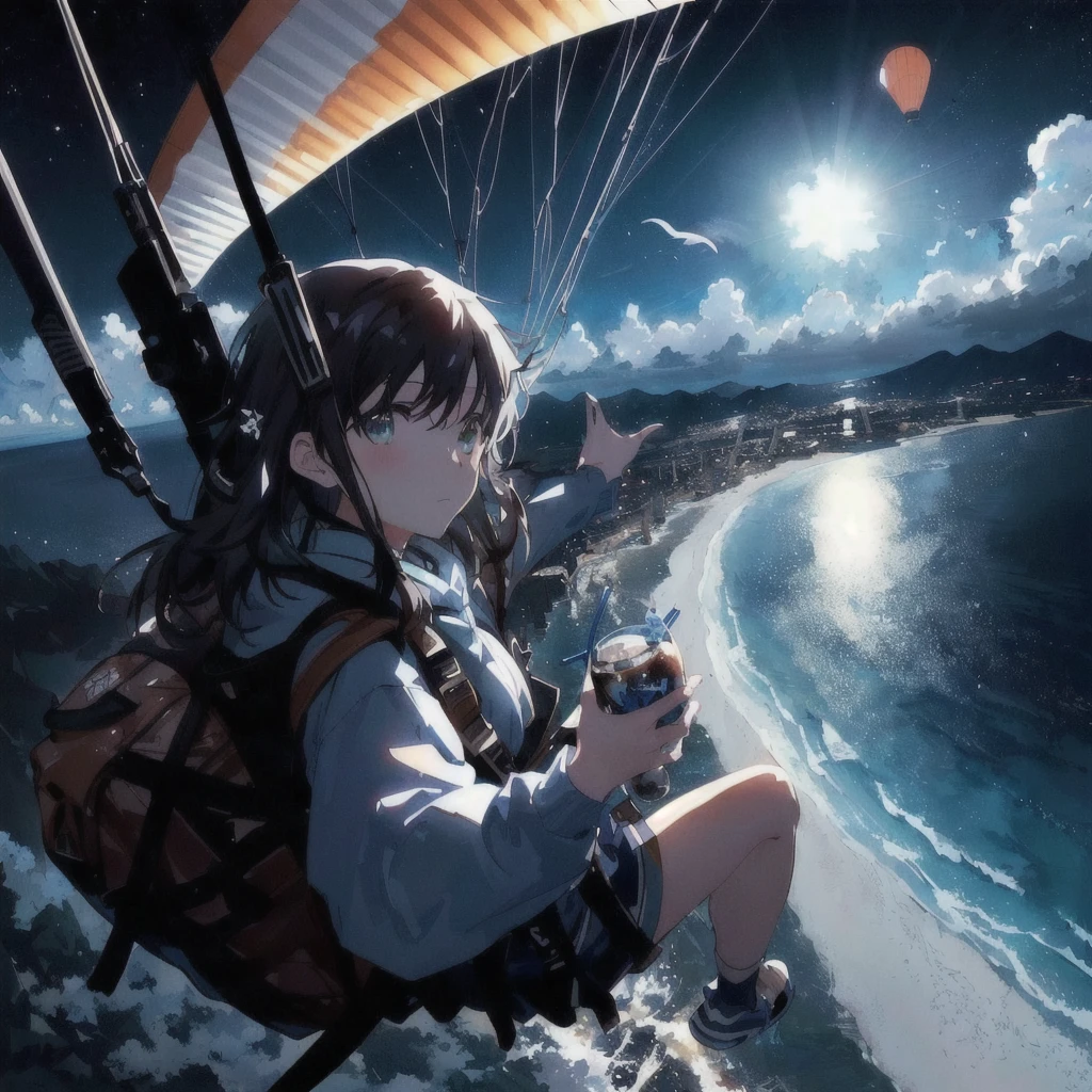 Anime girl flying over the sea on a paraglider with a backpack and a drink, 4KAnime Wallpaper, Anime Wallpaper 4k, Anime Wallpaper4k, ( ( Makoto Shinkai ) ), hd Anime Wallpaper, Anime Wallpaper, Makoto Shinkai!, Makoto Shinkai!!, Official artwork, makoto shinkai cyril rolando, 4K Manga Wallpapers, Anime Background