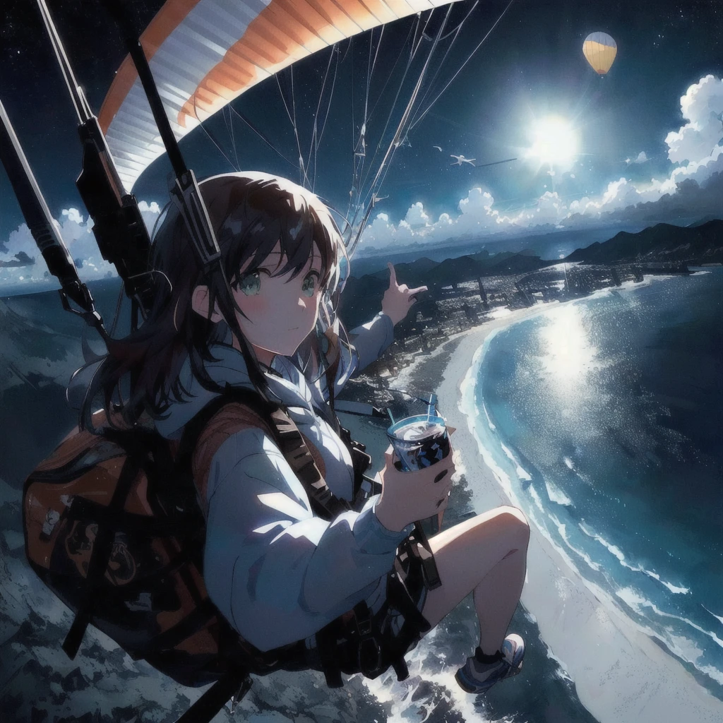 Anime girl flying over the sea on a paraglider with a backpack and a drink, 4KAnime Wallpaper, Anime Wallpaper 4k, Anime Wallpaper4k, ( ( Makoto Shinkai ) ), hd Anime Wallpaper, Anime Wallpaper, Makoto Shinkai!, Makoto Shinkai!!, Official artwork, makoto shinkai cyril rolando, 4K Manga Wallpapers, Anime Background