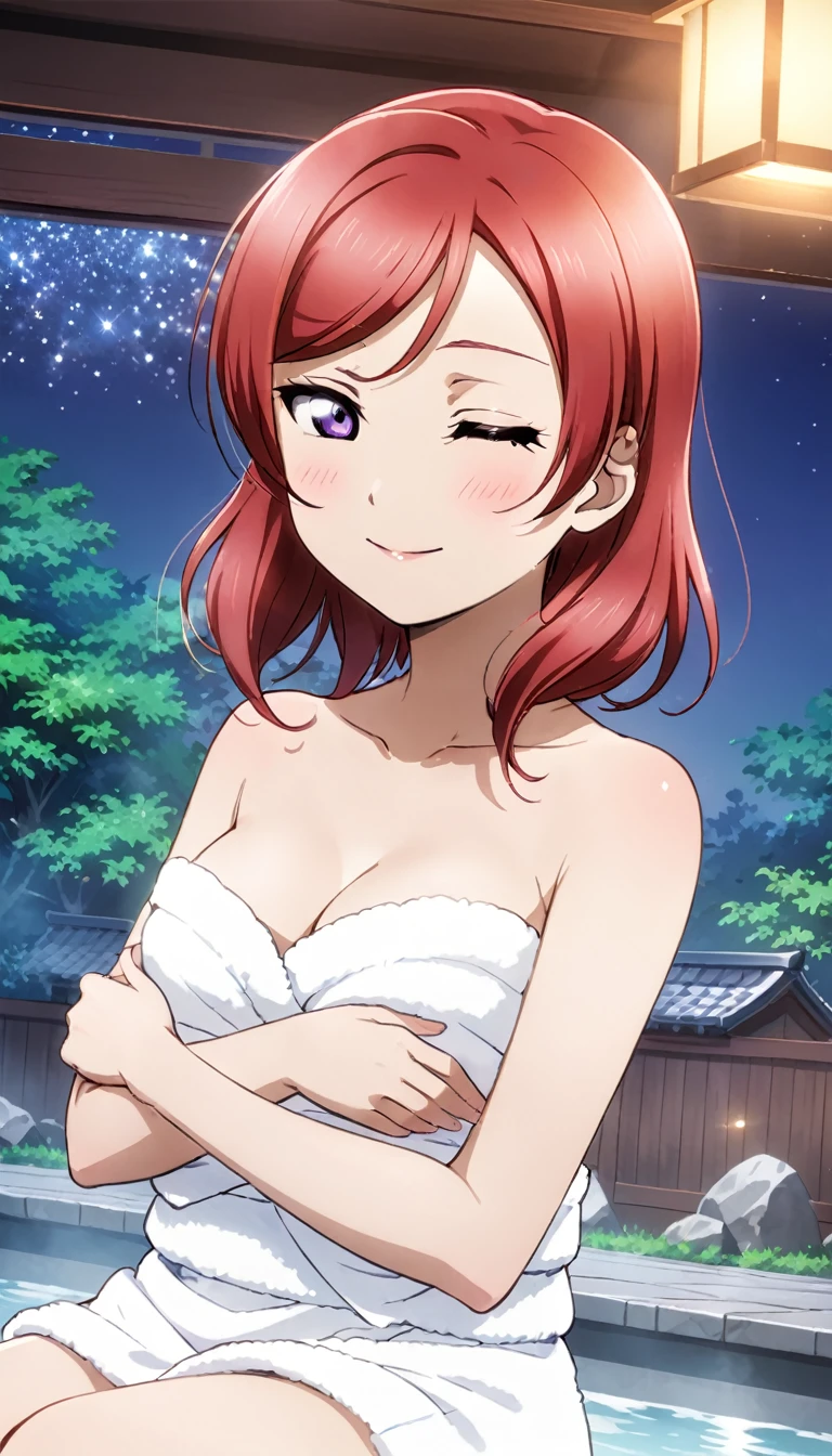 Draw Maki Nishikino from Love Live. She has red hair and purple eyes. She's relaxing in a hot spring, surrounded by steam, at a traditional Japanese inn. The setting includes rocks and mountains, under a night sky filled with stars. Her eyes are gently closed,Highest quality, Sparkle Effect, smile、Bathing up to shoulders、Depict a person wrapped in a towel, relaxing in a hot spring、Cleavage