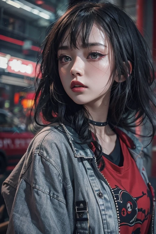 Highest quality、、masterpiece:1.3、Gothic Punk、red inside、Gray Black Hair、hair ornaments、beautiful girl、creative、Punk Shirt、Neogoth、Goth Fashion:1.2、High resolution、masterpiece、Highest quality、頭w:1.3、((Hasselblad Photos))、Fine skin、Sharp focus、(Cinema Lighting)、Explore Tokyo'The city at night beyond the neon lights, Forehead open, 19 years old、Petting'Hair back、Shoulder Bare、Small red rose tattoo on the décolletage、Just one tattoo