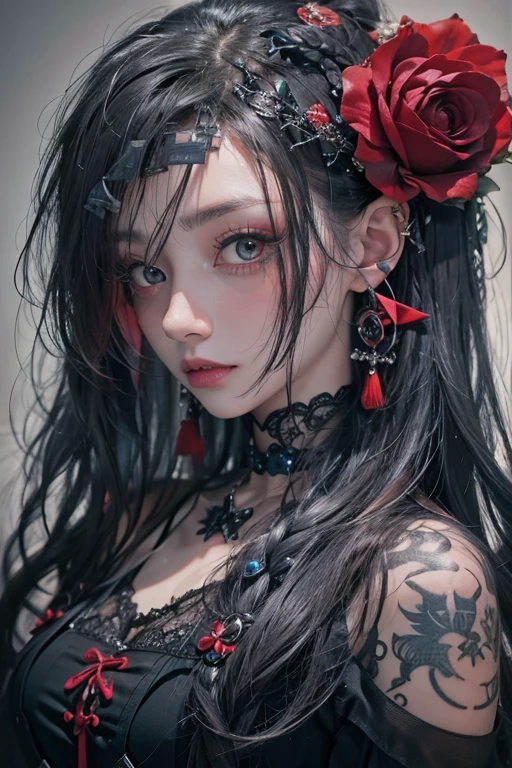 Highest quality、、masterpiece:1.3、Gothic Punk、red inside、Gray Black Hair、hair ornaments、beautiful girl、creative、Punk Shirt、Neogoth、Goth Fashion:1.2、High resolution、masterpiece、Highest quality、頭w:1.3、((Hasselblad Photos))、Fine skin、Sharp focus、(Cinema Lighting)、Explore Tokyo'The city at night beyond the neon lights, Forehead open, 19 years old、Petting'Hair back、Shoulder Bare、Small red rose tattoo on the décolletage、Just one tattoo
