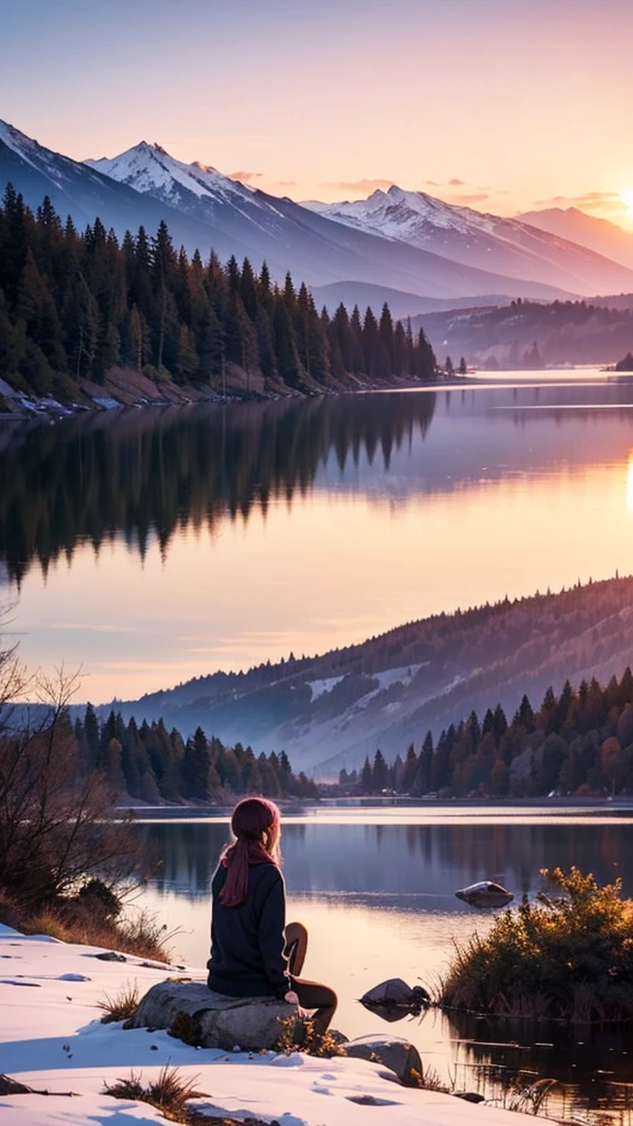 A beautiful mountain landscape during sunset, with a 25-year-old woman sitting on a rock, gazing at the scenery. She has a reflective expression, with a tear rolling down her cheek. The scene is serene, with gentle winds and soft colors. The mountains are majestic, with hints of snow on the peaks. The sky is painted with warm hues of orange, pink, and purple. The woman wears casual clothes, symbolizing her journey and determination. In the background, there are soft, nostalgic elements like faint outlines of her youthful memories blending with the natural beauty.