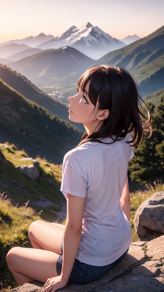 A beautiful mountain landscape during sunset, with a 25-year-old woman sitting on a rock, gazing at the scenery. She has a reflective expression, with a tear rolling down her cheek. The scene is serene, with gentle winds and soft colors. The mountains are majestic, with hints of snow on the peaks. The sky is painted with warm hues of orange, pink, and purple. The woman wears casual clothes, symbolizing her journey and determination. In the background, there are soft, nostalgic elements like faint outlines of her youthful memories blending with the natural beauty.
