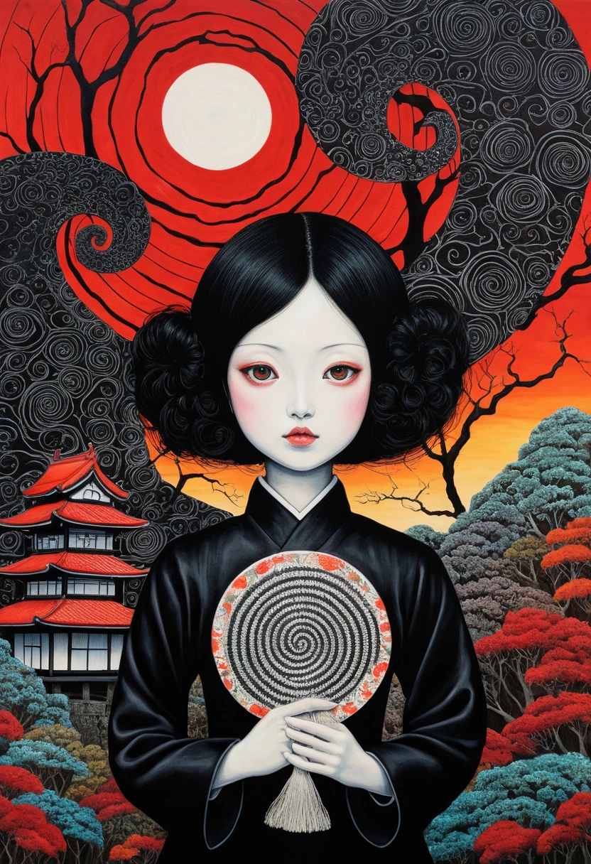 Jet Black、Swirl、Japanese doll。Painting:Junji Ito