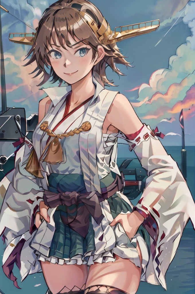 Highest quality, masterpiece, High resolution, alone, (Hiei Kai-2_Fleet Collection:1.15), オレンジ色hair, hairband, headgear, Non-traditional_Shrine maiden, smile, green_eye, Inverted up_hair, smile, One Girl, dependent_sleeve, green_skirt, Plaid, Plaid_skirt, ribbon-trimmed_sleeve, ribbon_trim, skirt, Office Background, Open your thighs wide to the left and right、Squats on the ground