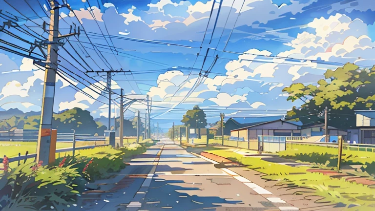 There is a picture of a road with power lines and poles., Anime countryside landscape, Anime Background Art, Anime scenery, Highly detailed illustration.”, Anime-style streetscape, Makoto Shinkai&#39;s Style, Anime Background, Anime scenerys, In the style of Makoto Shinkai, Painted by Anime Artist Studio, Beautiful anime scenery, Anime scenery concept art, Few details. Digital Painting