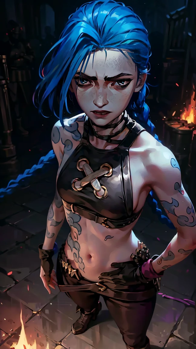 (masterpiece, Best quality), 1 girl, portrait very detailed face,, very sexy, full length (full body 1.1.), crazy look, smile, crying, pink tears, tears on the cheeks, tears from eyes, очень feminine, fighting stance, battle, fire, explosions, burning city, beautiful waist, gloomy composition, flame, fire, Flash, very beautiful, feminine, long hair, hair braided in long braids, very sexy, tight leather pants, emphasis on the eyes, emphasis on the face, Beautiful face, hands, Косаed ponytail, red purple eyes, Джинкс crying, Blue cloud tattoo, (masterpiece, Best quality), Side lighting, beautiful detailed eyes, crazy face), (Best quality), (masterpiece), magic photography, Spectacular lighting, photorealism, ultra detailed, intimate portrait composition, 1. 4,8 K UHD, aesthetic, Cd., a high resolution, 8 K, Better lighting, Best shade, Ultra-HD, a high resolution, Sharp Focus, complex background, cinematic lighting, ((Landscape view)), 4K block, (Better lighting), ((cinematic lighting)),