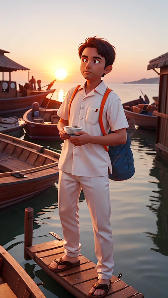 The image shows the sun just rising on the horizon, with the sky still orange. Mr. Arif wear white clothes is seen boarding his simple boat, with the quiet fishing village in the background.