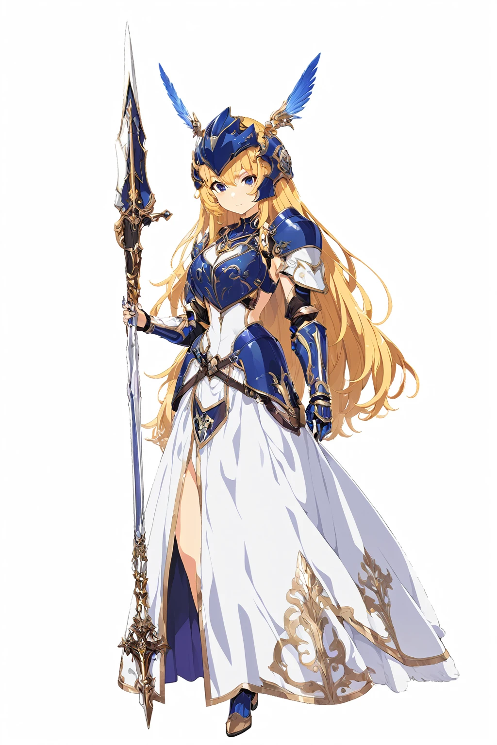 high quality, high resolution, high qualityのゲームアートスタイル, whole body,valkyrie,perfect hand,Official Art, Smooth game CG art, Visual Novel Sprites, White background,Smooth game CG art, (((Woman with a gun))),Woman wearing a white dress and blue armor, An intricately designed helmet with white feathers,Small shield, (((In his right hand he holds an elaborate spear))),Exquisite Blue Armor,Golden Hair, long hair, female knight, Rin々Shii,Large Bust,20-year-old,