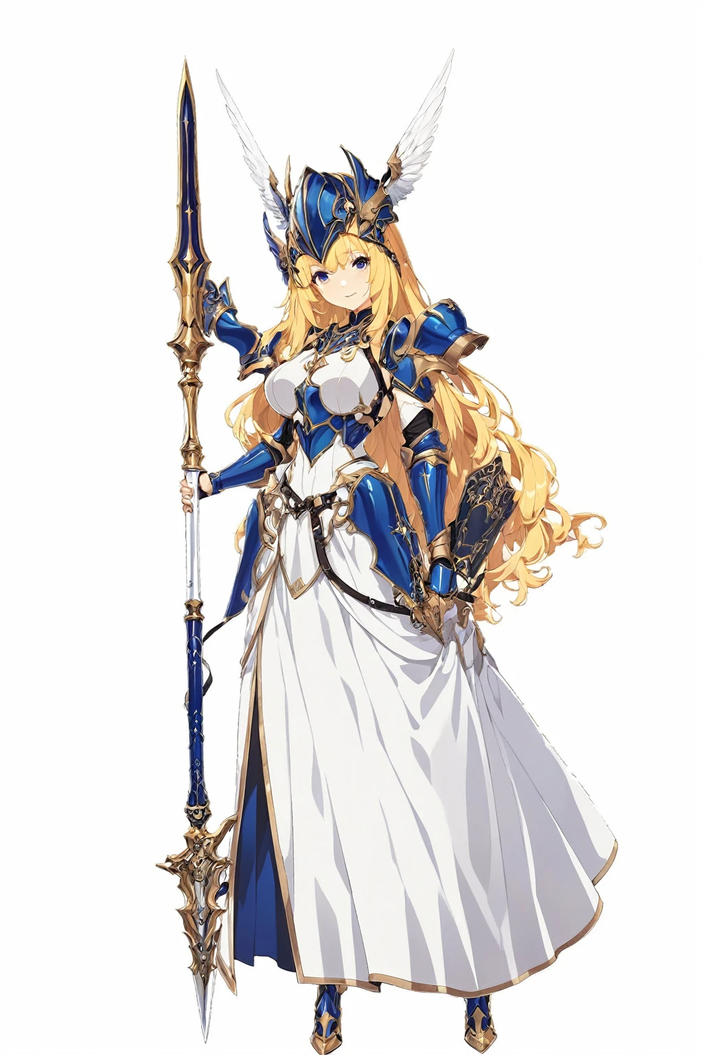 high quality, high resolution, high qualityのゲームアートスタイル, whole body,valkyrie,perfect hand,Official Art, Smooth game CG art, Visual Novel Sprites, White background,Smooth game CG art, (((Woman with a gun))),Woman wearing a white dress and blue armor, An intricately designed helmet with white feathers,Small shield, (((In his right hand he holds an elaborate spear))),Exquisite Blue Armor,Golden Hair, long hair, female knight, Rin々Shii,Large Bust,20-year-old,
