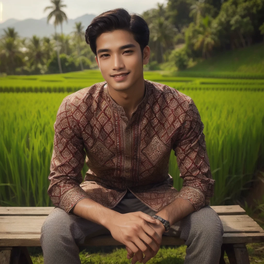 arafed man sitting on a bench in front of a rice field, handsome man, wearing a kurta, inspired by Rudy Siswanto, mid shot portrait, handsome male, assamese aesthetic, fanart, dramatic smile pose intricate, beautiful young man, high quality portrait, handsome stunning realistic, inspired by Ismail Acar, a handsome, official art, handsome