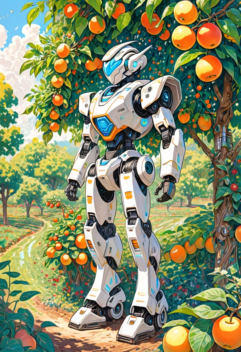 A colored pencil sketch of a organic plant based robot mostly made of trees and plants wiht bits of teck merged together., working in a fruit orchard. It is bright sunny romanitic and idealist sketch of furture were the land and tecknology ar in harmony in a archeofuturistic vision. covered in earth and birt with vegetation growing and intwining around the robot