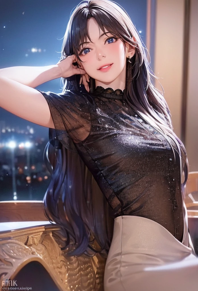 (8k, Highest quality, masterpiece:1.2), (Realistic, Photorealistic:1.37), Very detailed, 1 girl,cute, alone,Midnight,Beautifully detailed skies,Detailed Cafe,Sitting,Dated,(Red nose),(smile:1.15),(Mouth closed) Small breasts,Beautiful attention to detail,Floating Hair NovaFrogStyle,backless dress