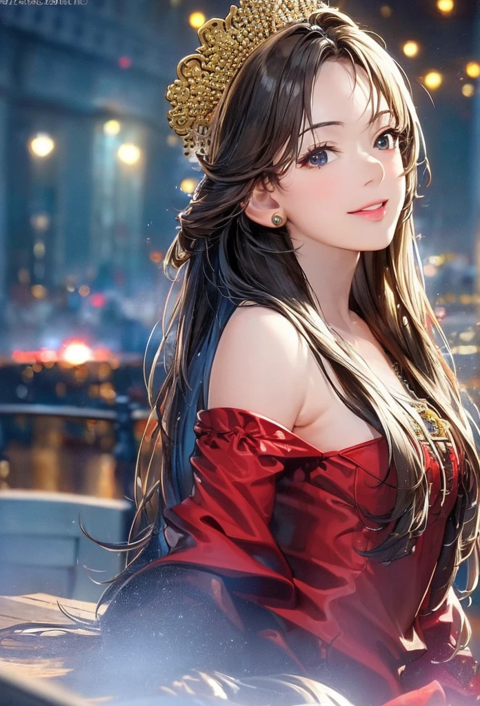 (8k, Highest quality, masterpiece:1.2), (Realistic, Photorealistic:1.37), Very detailed, 1 girl,cute, alone,Midnight,Beautifully detailed skies,Detailed Cafe,Sitting,Dated,(Red nose),(smile:1.15),(Mouth closed) Small breasts,Beautiful attention to detail,Floating Hair NovaFrogStyle,backless dress
