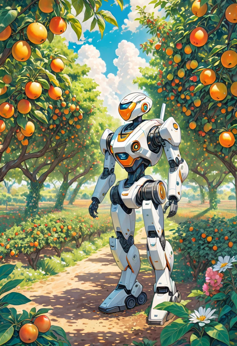 A colored pencil sketch of an organic, plant-based robot made mostly of trees and plants, with bits of technology merged together. The robot is working in a lush fruit orchard. The scene is bright and sunny, with a romantic and idealistic atmosphere, depicting a future where nature and technology coexist harmoniously. The robot is covered in earth and birds, with vegetation growing and intertwining around it, embodying an archeofuturistic vision.