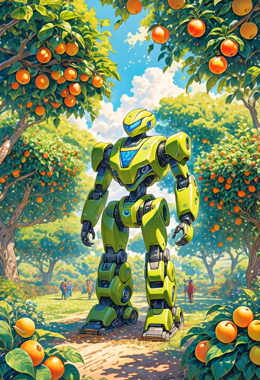 A colored pencil sketch of an organic, plant-based robot made mostly of trees and plants, with bits of technology merged together. The robot is working in a lush fruit orchard. The scene is bright and sunny, with a romantic and idealistic atmosphere, depicting a future where nature and technology coexist harmoniously. The robot is covered in earth and birds, with vegetation growing and intertwining around it, embodying an archeofuturistic vision.
