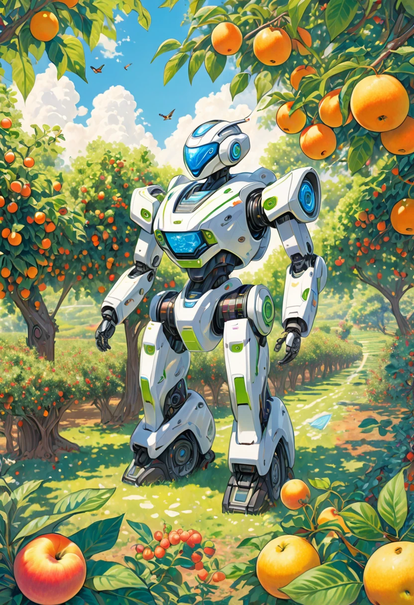 A colored pencil sketch of an organic, plant-based robot made mostly of trees and plants, with bits of technology merged together. The robot is working in a lush fruit orchard. The scene is bright and sunny, with a romantic and idealistic atmosphere, depicting a future where nature and technology coexist harmoniously. The robot is covered in earth and birds, with vegetation growing and intertwining around it, embodying an archeofuturistic vision.